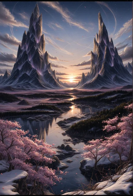 masterpiece, best quality, amazing quality, very aesthetic, perfect eyes,hiper realistic,
,outdoors, sky, cloud, water, tree, no_humans, cloudy_sky, cherry_blossoms, scenery, nature, snow, reflection, sunset, crystal, mountain, fantasy, twilight, landscape, gradient_sky, colorful, lake, sunrise, purple_sky, reflective_water,A stunning digital painting of a surreal landscape featuring two tall, crystal-like mountains, a calm lake, and a vibrant, ethereal sky. The sky is filled with a mix of blues, purples, and pinks, with a dreamy, almost ethereal atmosphere. The mountains are silhouetted against the sky, and the lake reflects the colors, creating a mirror-like effect. The landscape is lush with cherry blossom trees, adding a touch of beauty and serenity to the scene. The art style is reminiscent of fantasy art, with intricate details and vibrant colors.
