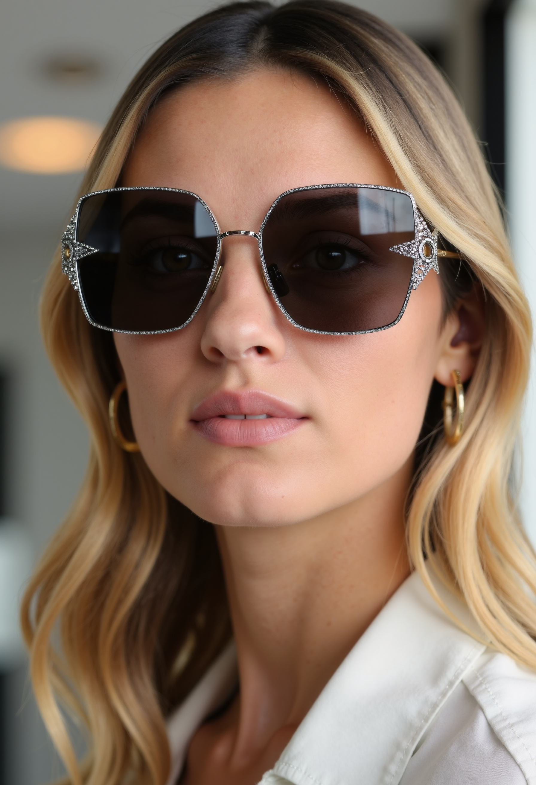 clo035, head shot of a beautiful woman, wearing a Christian Dior sunglasses with a metal frame and black lenses. The sunglasses have a star-shaped design. white shirt, blonde hair, looking in the camera, smiling, in a fashion store
