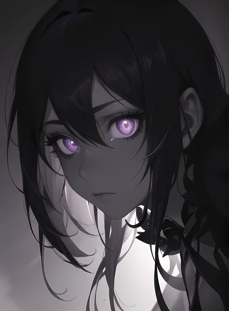 (masterpiece, best quality, ultra-detailed, best shadow), hyper detail,best illumination,8k,
long hair,(hair flaps),flipped hair,(purple eyes),shaded face,slit pupils,expressionless,pastel colors,
(dramatic pose),close-up,trending on ArtStation,((monochrome)),