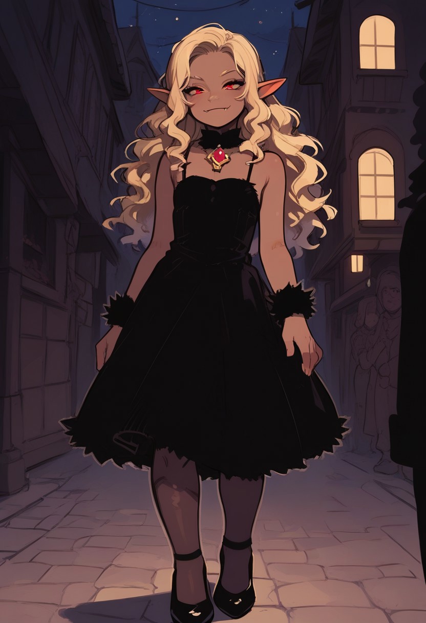 (score_9, score_8_up, score_7_up), masterpiece, sketch, crisp detail, 1girl, red eyes, blonde hair, long hair, brown-skinned female, pointy ears, wavy hair, fangs, black dress, jewelry, fur trim, high heels, black stockings, night, flat chest, skinny, petite, standing, outdoors, village, short female, dark skin, smiling, closed mouth,