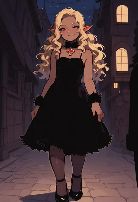 (score_9, score_8_up, score_7_up), masterpiece, sketch, crisp detail, 1girl, red eyes, blonde hair, long hair, brown-skinned female, pointy ears, wavy hair, fangs, black dress, jewelry, fur trim, high heels, black stockings, night, flat chest, skinny, petite, standing, outdoors, village, short female, dark skin, smiling, closed mouth,
