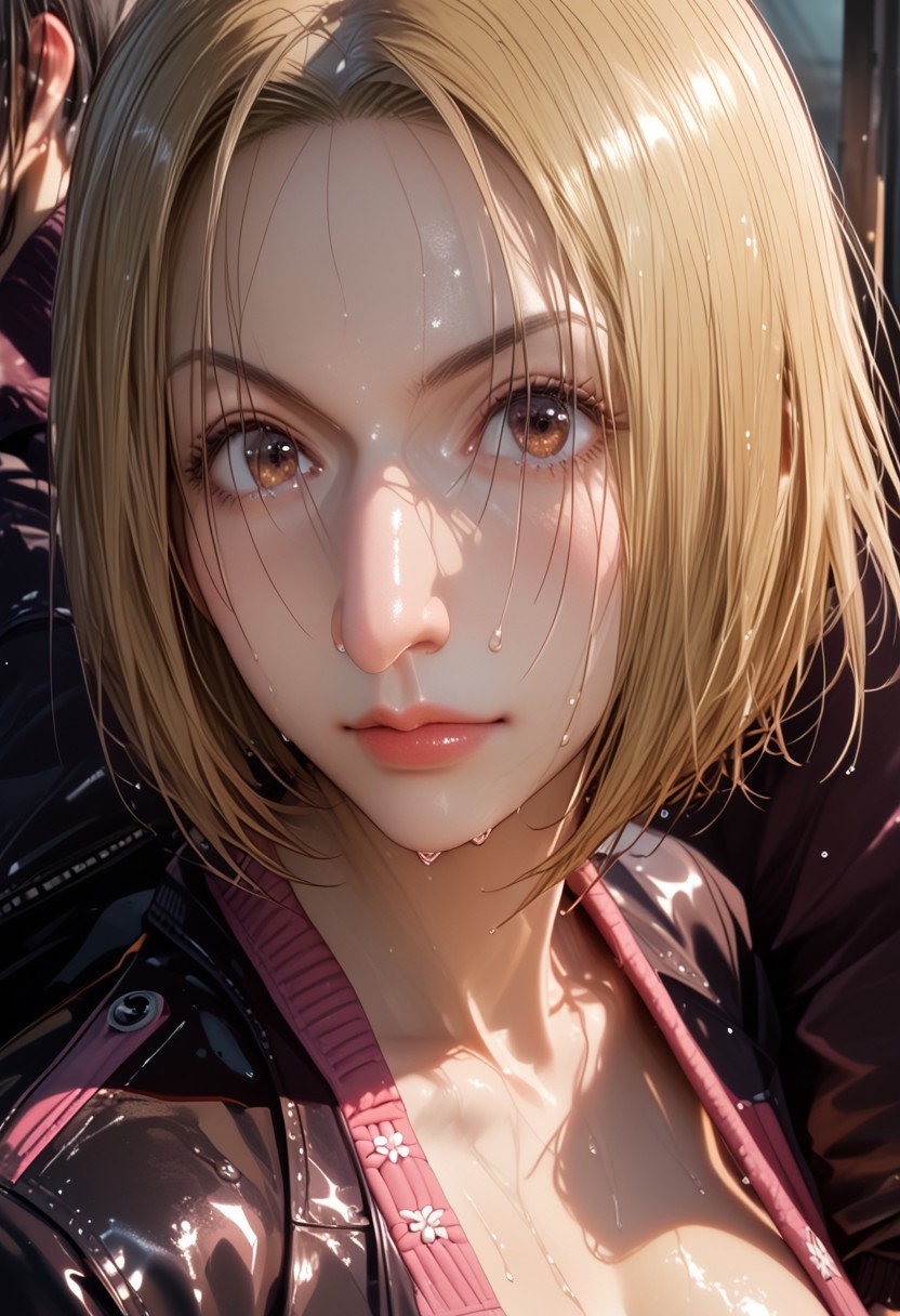 Short hair, hooked nose, big nose, Pakunoda, Blonde, Nose bridge , Jacket, Close-up details, realistic style photo Japanese young woman, dark hair, long hair, outstanding style, tall, cute, adult. Use soft lighting to cast gentle shadows on the subject, adding a touch of dimension to your images without compromising details, score_9, score_8_up, score_7_up, sweaty, wet, shiny skin, strict looking, haughty, open black jacket, no bra, big breast, breast movement, huge nose, hooked nose, nose bridge