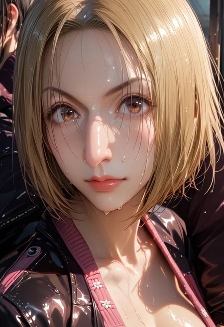 Short hair, hooked nose, big nose, Pakunoda, Blonde, Nose bridge , Jacket, Close-up details, realistic style photo Japanese young woman, dark hair, long hair, outstanding style, tall, cute, adult. Use soft lighting to cast gentle shadows on the subject, adding a touch of dimension to your images without compromising details, score_9, score_8_up, score_7_up, sweaty, wet, shiny skin, strict looking, haughty, open black jacket, no bra, big breast, breast movement, huge nose, hooked nose, nose bridge