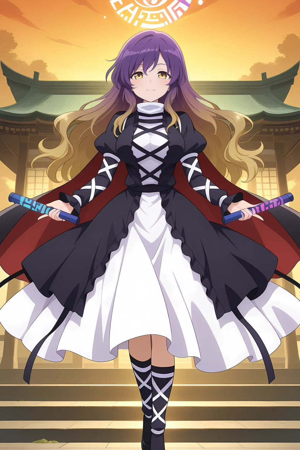 absurdres, highres, masterpiece, best quality, amazing quality, official anime artwork, screencap, anime screencap, outdoors, looking at viewer, light smile, dynamic pose, Myouren Temple,
<lora:Byakuren-Hijiri_Illustrious:1> hijiri byakuren, 1girl, solo, yellow eyes, purple hair, long hair, multicolored hair, gradient hair, breasts,, layered dress, white dress, black dress, cross-laced clothes, long sleeves, puffy sleeves, black cape, black footwear, sorcerer's sutra scroll,