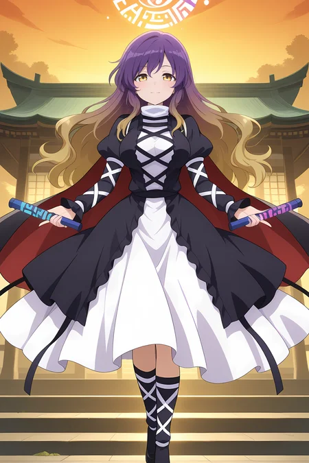 absurdres, highres, masterpiece, best quality, amazing quality, official anime artwork, screencap, anime screencap, outdoors, looking at viewer, light smile, dynamic pose, Myouren Temple,
 <lora:Byakuren-Hijiri_Illustrious:1> hijiri byakuren, 1girl, solo, yellow eyes, purple hair, long hair, multicolored hair, gradient hair, breasts,, layered dress, white dress, black dress, cross-laced clothes, long sleeves, puffy sleeves, black cape, black footwear,  sorcerer's sutra scroll,