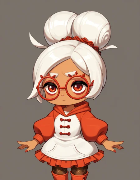 zPDXL, score_9, score_8_up, score_7_up, source_anime, 1girl, solo,
<lora:LilPurah_v1.2:0.8> purah, sheikah, white hair, dark-skinned female, child, thick eyebrows, red eyes, red-framed eyewear, hair bun, (hoodie-dress, thigh-high-boots, patterned-pantyhose),