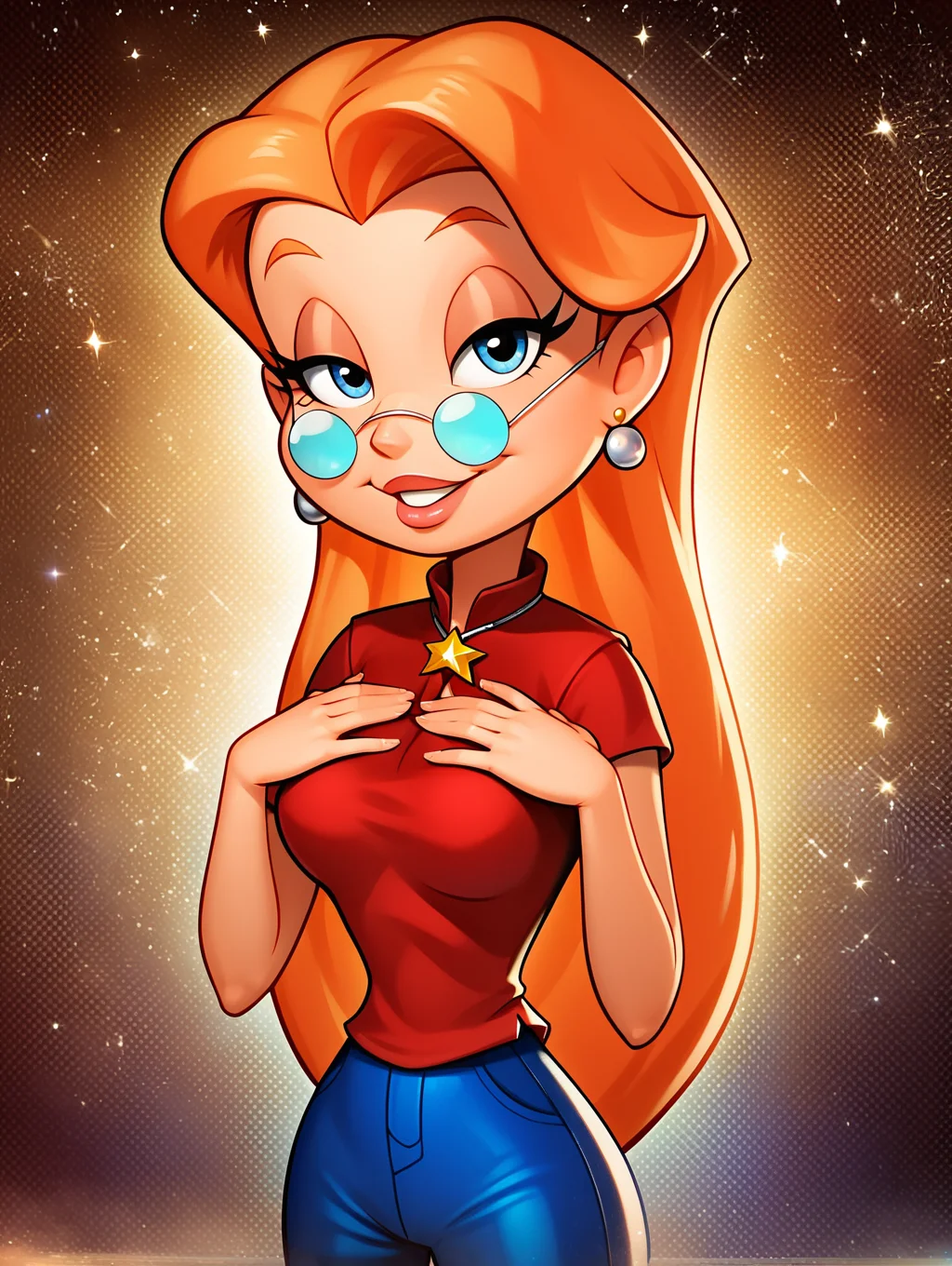 score_9, score_8_up, score_7_up, toon \(style\),ultra high quality,ultra high resolution,ultra ,full body, seductive, very realistic,(extremely detailed), detailed background,,(masterpiece, best quality, high quality, highres, ultra-detailed),toon (style), flat color, <lora:Zelda_Spellman_Sabrina_The_Animated_Series:0.8> zelda spellmann, long hair, orange hair, round eyewear, star necklace, red shirt, earrings, looking at viewer, blue footwear, long eyelashes, blue eyes, blue pants, narrow waist , seductive smile, half-closed eyes,upper body,bodycon,magical sparks,solo,single,hands on chest,