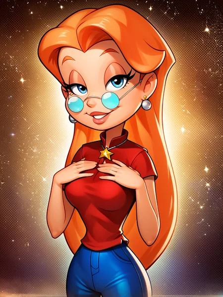 score_9, score_8_up, score_7_up, toon \(style\),ultra high quality,ultra high resolution,ultra ,full body, seductive, very realistic,(extremely detailed), detailed background,,(masterpiece, best quality, high quality, highres, ultra-detailed),toon (style), flat color, <lora:Zelda_Spellman_Sabrina_The_Animated_Series:0.8> zelda spellmann, long hair, orange hair, round eyewear, star necklace, red shirt, earrings, looking at viewer, blue footwear, long eyelashes, blue eyes, blue pants, narrow waist   , seductive smile, half-closed eyes,upper body,bodycon,magical sparks,solo,single,hands on chest,