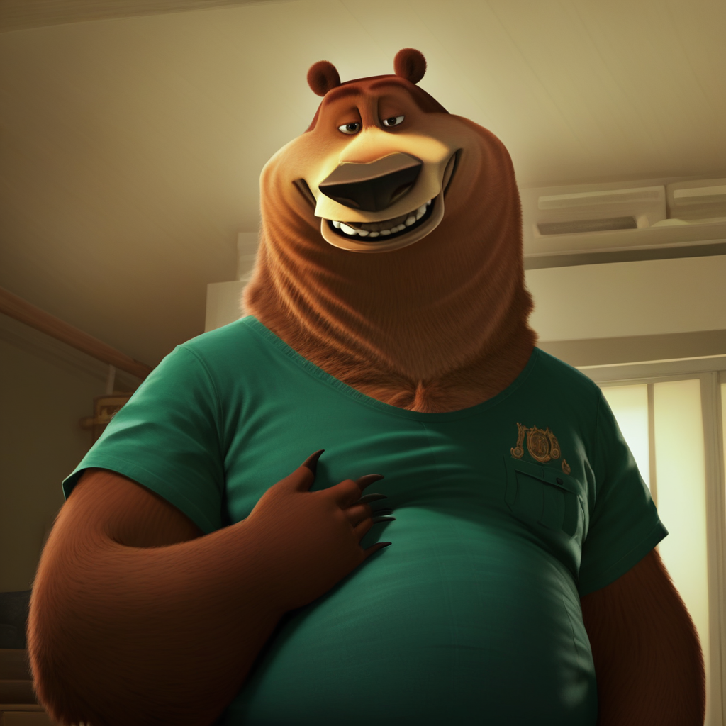 score_9_up, score_8_up, score_7_up, high quality, detailed, source_furry, male, solo male, 1boy, broad shoulders, mature male, brown eyes, chubby, animal ears, bear, brown bear, anthro, belly, big snout, looking at viewer, smiling, navy green shirt, indoors, living room, half-body, bust shot