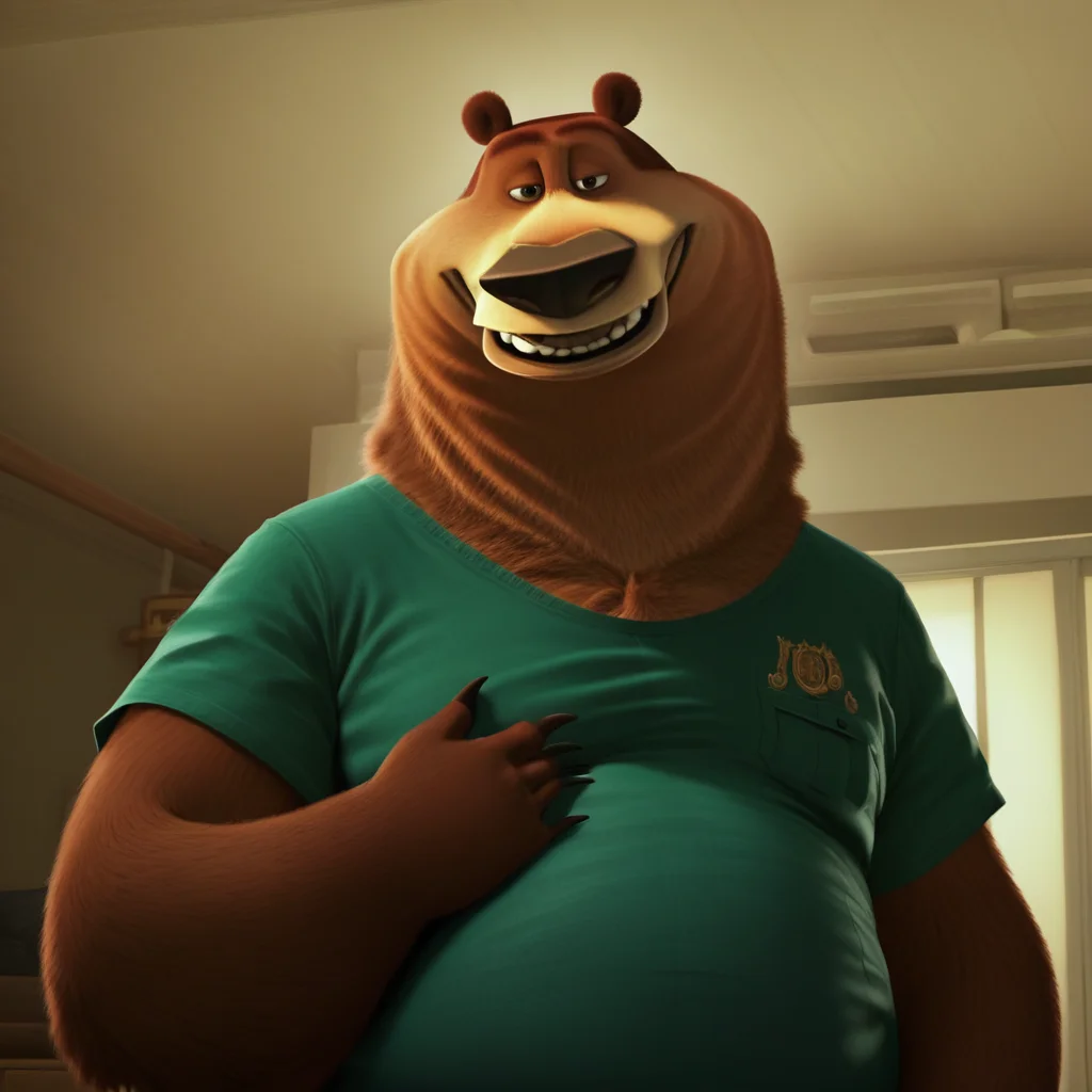 score_9_up, score_8_up, score_7_up, high quality, detailed, source_furry, male, solo male, 1boy, broad shoulders, mature male, brown eyes, chubby, animal ears, bear, brown bear, anthro, belly, big snout, looking at viewer, smiling, navy green shirt, indoors, living room, half-body, bust shot