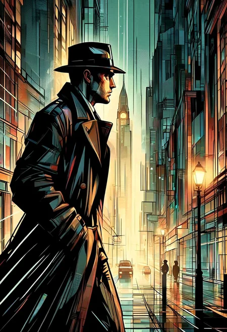 A hard-boiled noir detective in a fedora and trench coat stands under a streetlight on a rainy city street, smoke from a cigarette curling around him. Art Deco buildings, shadows, reflections, extreme close-up, portrait, moody lighting.