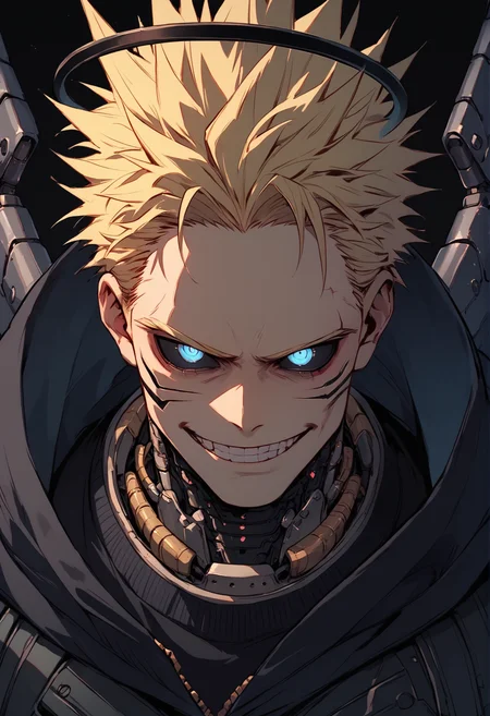 (score_9, score_8_up), score_7_up, zPDXL, hawks \(boku no hero academia\), boku no hero academia, 1boy, facial hair, blue eyes, mechanical jaw, black sweater, mechanical wings, (black halo), looking at viewer, black sclera, smirk, blonde hair, dark background <lora:Sinozick_Style_XL_Pony:1>, sinozick style, flat color