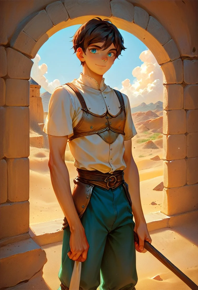 score_9, score_8_up, score_8_up, 1boy, handsome twink, (slim:1.2), masterpiece, brown hair, cyan eyes, medieval clothing, medieval pants, medieval shirt, detailed cloth clothing, detailed background, flat desert background, sandy desert, standing up, seto, neutral expression, light smile, light tan