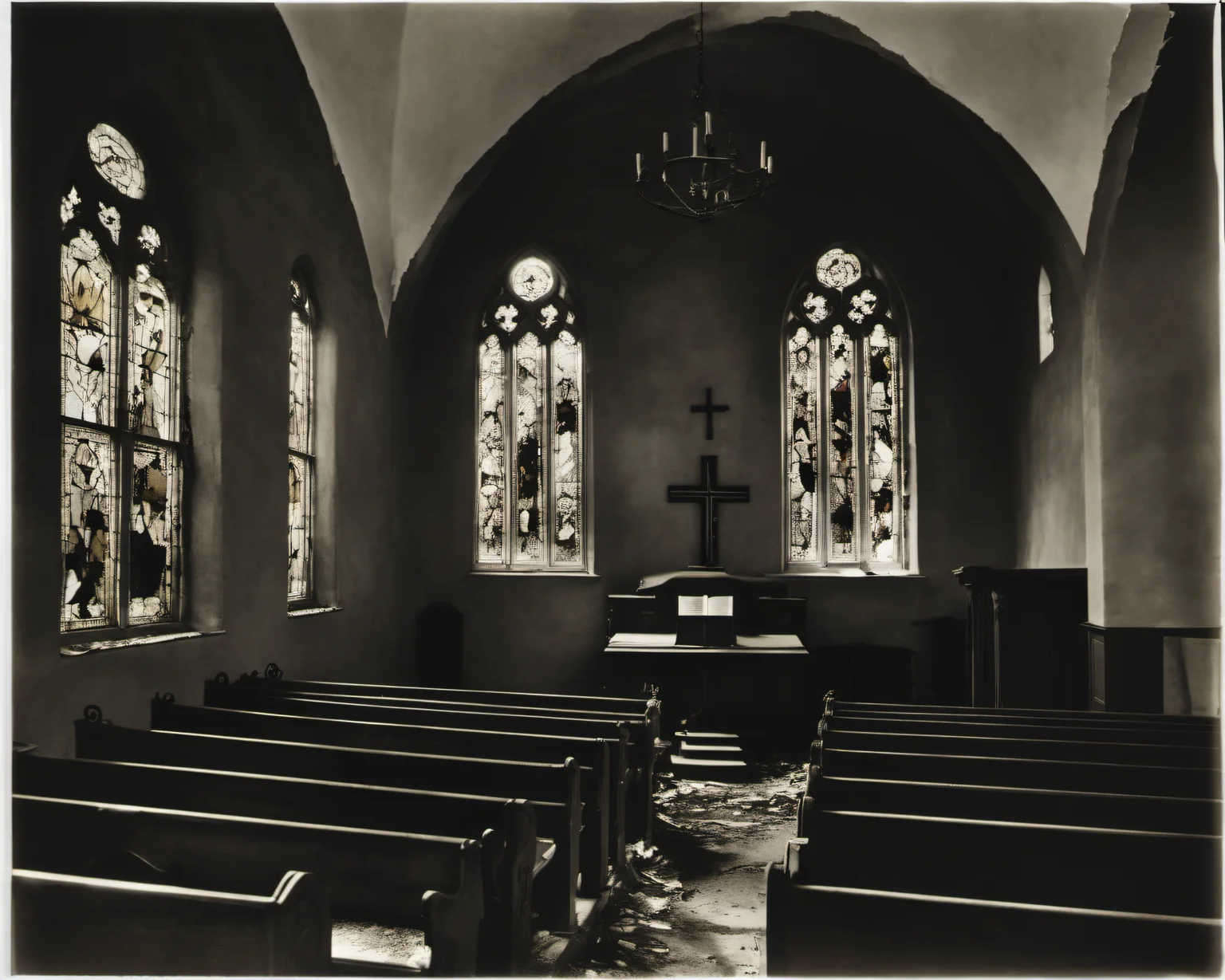 in a post-apocalyptic crumbling church, silent bell tower, dusty pews, shattered stained glass, faded bible., by Edward Steichen, SZ_4poXL enviroment <lora:Post ApocalypticXL_v2:0.6>