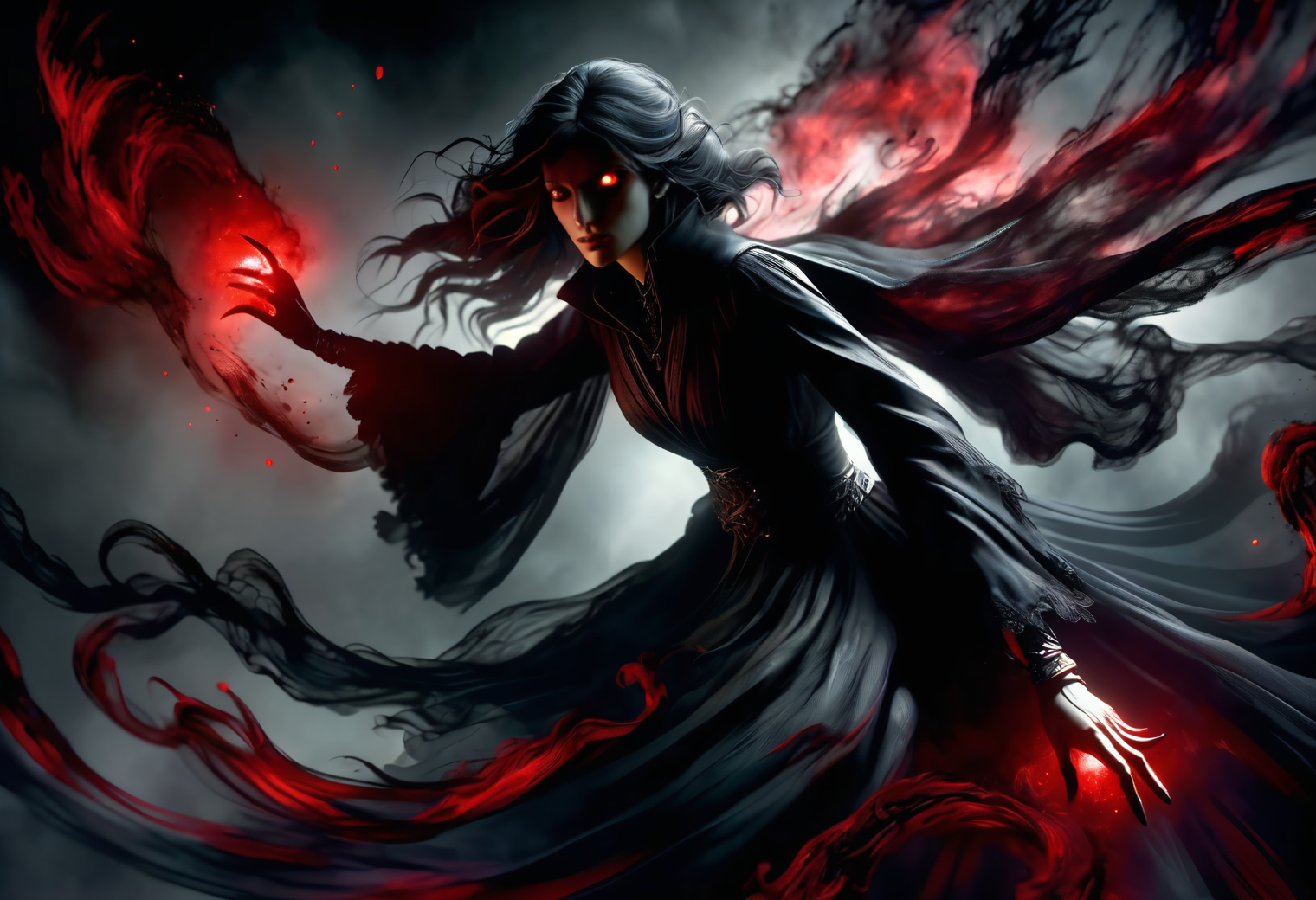 hyper detailed masterpiece, dynamic, awesome quality,female caster casting  amorphous shadow, deeper and darker than night, absorbing light and hope, red eyes flicker within, sinister grace, leaving a feeling of unease and dread DonMM4g1cXL <lora:DonMM4g1cXL_v1.2:1>