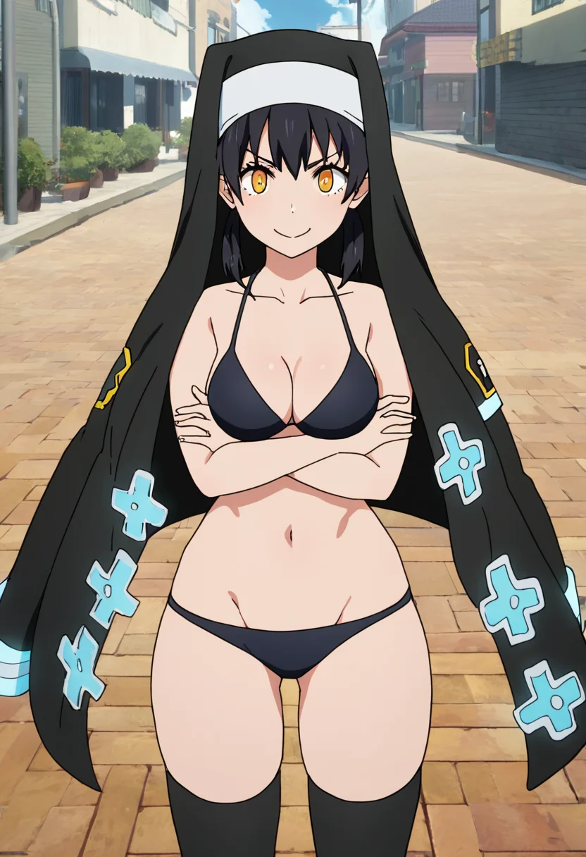masterpiece, best quality, good quality, very awa, newest, highres, absurdres,outdoors,TamakiKotatsu-FireForce,
Tamaki Kotatsu \(Fire Force\), 1girl, breasts, looking at viewer, smile, short hair, bangs, breasts, black hair, thighhighs, navel, cleavage, medium breasts, closed mouth, underwear, standing, collarbone, panties, swimsuit, yellow eyes, bikini, bra, groin, black bikini, crossed arms, cross, nun, habit, black robe
,<lora:Tamaki Kotatsu (Fire Force) Illustrious v2:0.8>