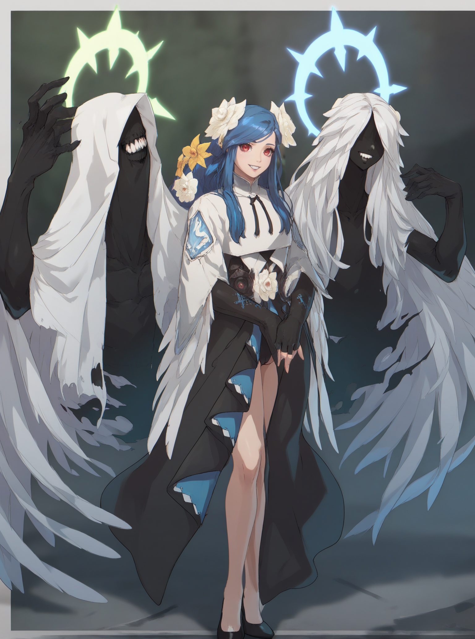 uncensored, score 9 up, score 8 up,
 <lora:Guilty_Gear_Strive_Queen_Dizzy_Character_PonyXL:1>,queendizzy_strive, blue hair, 1girl, hair ornament, hair flower, red eyes, fingerless gloves, halo, smile, black gloves, white flower, full body, teeth, braid, angel wings, black footwear, feathered wings, long hair, long sleeves, high heels, 1girl, leotard, looking at viewer, cameltoe, standing,