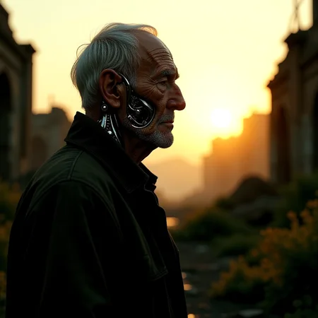 The sun casts a warm glow over a post-apocalyptic landscape, where a serene figure stands amidst the ruins with rim lighting and the sun setting behind him. He is an elderly man with mechanical arms and augments, his face a captivating blend of human and machine, with cybernetic augments revealing intricate mechanical components beneath his translucent skin. The mechanical parts, a masterpiece of craftsmanship, combine brass, copper, and silver, seamlessly woven into his being, creating a unique, biomechanical appearance. Dressed in worn clothing, he embodies the resilience of a survivor, his weathered features telling a story of endurance and adaptation. The background, a detailed portrayal of a world after disaster, features crumbling buildings and overgrown vegetation, bathed in the golden light of late afternoon, offering a sense of tranquility within the desolation. This photorealistic rendering captures a moment of peaceful reflection, where the fusion of humanity and technology inspires awe and contemplation.   <lora:scifi/fluxMechanicalArms_v1>, <lora:scifi/fluxAugments_v2>, <lora:scifi/postApocalypse_v1>  <lora:flux/aidmaImageUpgrader-FLUX-V0.2>, aidmaimageupgrader, <lora:flux/Herbst_Photo_35mm v2>, herbstphoto,