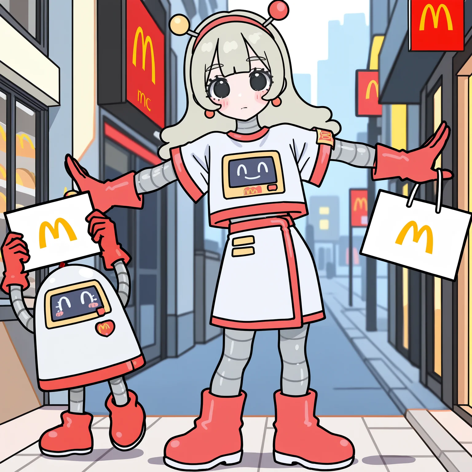 (masterpiece, best quality:1.2), amazing quality, very aesthetic, absurdres, perfect detail,
outdoors, street, mcdonald's, window, shop,
standing, outstretched arms, dancing, mcrobot, holding sign, expressionless, blush stickers, looking at viewer,
solo, chibi, mcsetsuko, android, red_hairband, antennae, earrings, jewelry, white_shirt, print_shirt, short_sleeves, crop_top, white_skirt, red_trim, red_gloves, red_footwear, boots
<lora:XL_Ill_mcdo-set500-t1:1.0>