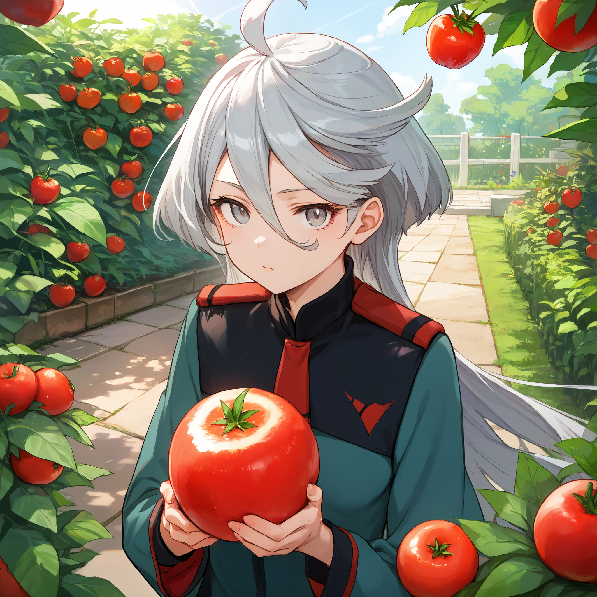 score_9, score_8_up, score_7_up, score_6_up, score_5_up, score_4_up, BREAK source_anime, look at viewer, 1girl, garden, holding tomato, tomato, close up, masterpiece, best quality, high detailed skin,  miorine rembran, asticassia school uniform, grey hair, long hair, ahoge, grey eyes, green jacket, jacket, long sleeves, school uniform, shoulder boards, green shorts, seamed legwear, pantyhose,