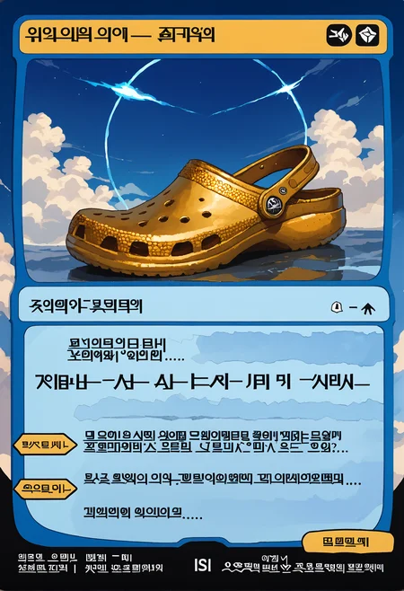 score_9, score_8_up, score_7_up, golden crocs, no humans, blue sky, clouds, light aura, <lora:MTG_card_v2:1.1>, c4rd,english text,character name, patreon, signature,japanese text,chinese text,korean text, <lora:ryth-crocs:1.2>