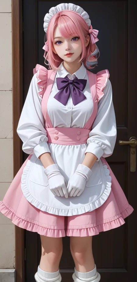 score_9,score_8_up,score_7_up,(masterpiece:1.2),(best quality:1.2),(extremely detailed:1.2),(extremely detailed face),(ultra detailed),8k,<lora:niji-berry:0.8>,niji-berrycos1,pink shirt,black neckerchief,two-tone bowtie,pink bowtie,purple bowtie,button,white shoulder,long sleeves,white sleeves,white apron,multicolored ribbon,miniskirt,pink skirt,frill-trimmed skirt,loose socks,white socks,white gloves,