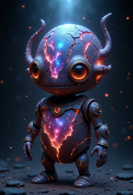 glowing galaxy cracks, sentient rock with face and arms