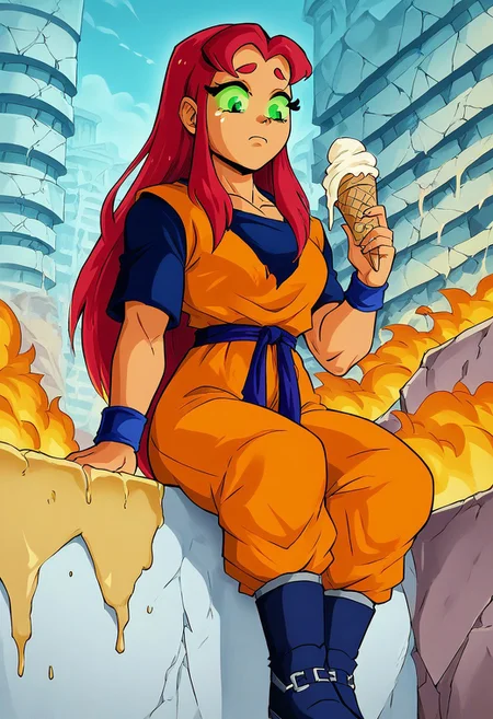 score_9,score_8_up,score_7_up,sad, cring, lose look, holding icea cream with one hand, ice cream melting,
1girl, starfire, red hair, long hair, green eyes, green sclera, orange skin
,medium breast,wide hips,orange sleevelees dougi, Blue Tshirt under dougi, wristband, orange pants, blue footwear, boots, blue sash, sitting, view from below, destroyed city, muscle,  fire, sad,