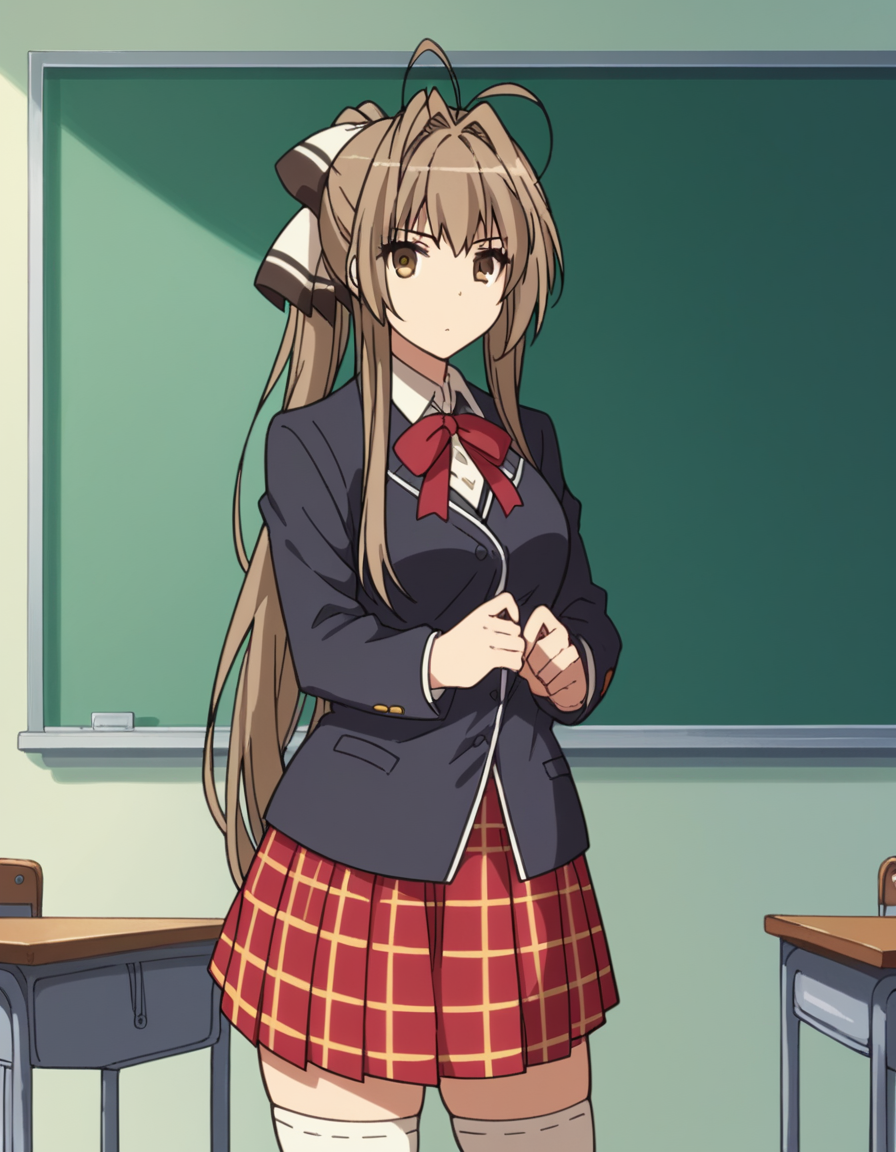 score_9, score_8_up, score_7_up, source_anime,
isuzusento, <lora:isuzu-sento-s1-ponyxl-lora-nochekaiser:1>,
isuzu sento, long hair, brown hair, bow, brown eyes, ponytail, hair intakes, antenna hair,
skirt, thighhighs, ribbon, school uniform, pleated skirt, white thighhighs, zettai ryouiki, plaid, plaid skirt, 
indoors, classroom,
looking at viewer, cowboy shot, dutch angle, solo,