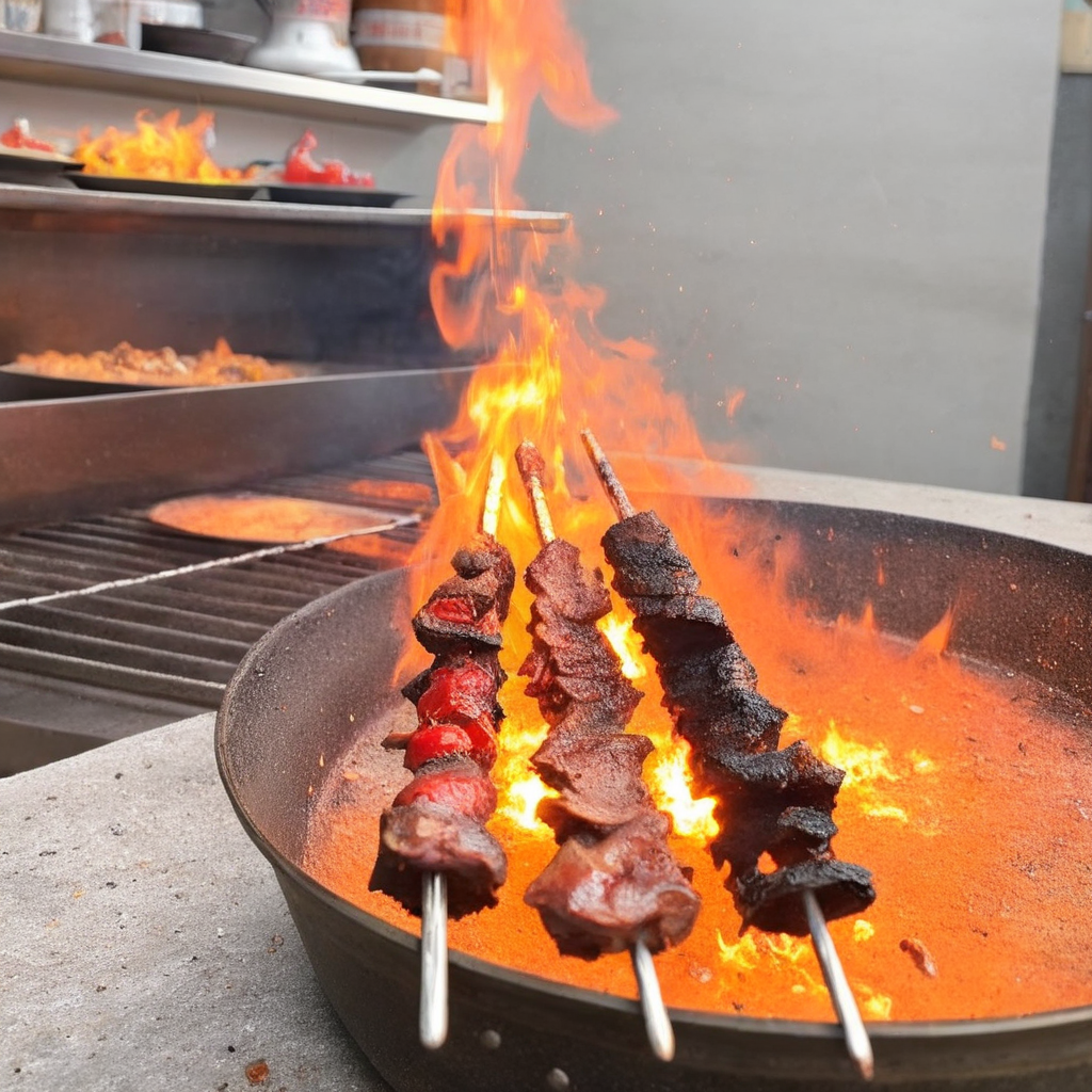 Realistic style depiction of a barbecue skewer held amidst flames, loaded with a variety of vegetables and meats. The skewer is filled with vibrant, colorful vegetables like bell peppers, zucchini, and cherry tomatoes, and juicy chunks of meat like beef, chicken, and sausage. The fire's glow reflects off the glossy textures of the grilled items, emphasizing the charred edges and succulent appearance. The focus is on the skewer, with the background flames providing a warm, inviting ambiance <lora:money_bucket:0.65> <lora:cn_lamb_bbq:0.8>