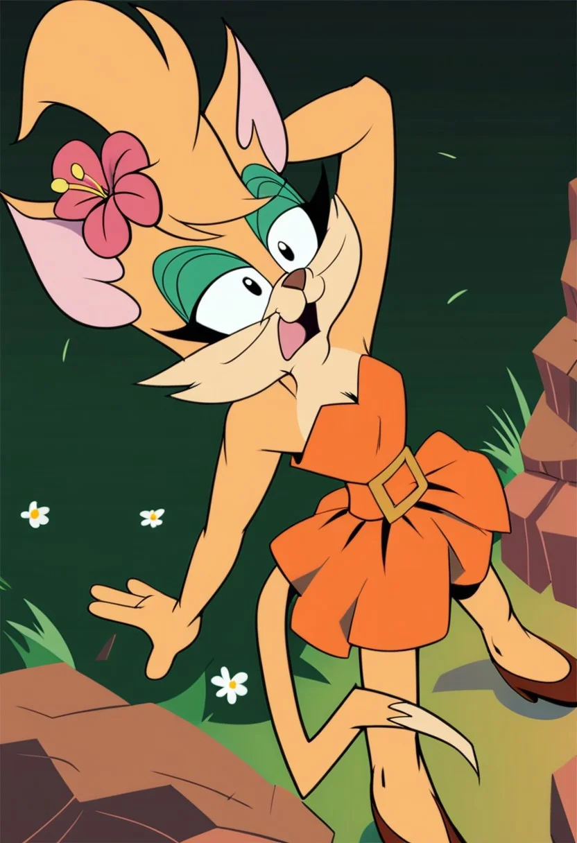 score_9, score_8_up, score_7_up, score_6_up, score_5_up, score_4_up, source_furry, Tabitha_Fantomcat, detailed eyes, detailed face, (retro artstyle, 1990s \(style\), flat color, toon \(style\),dancer, grass skirt, flower in hair, standing
<lora:tabitha-v1:1>