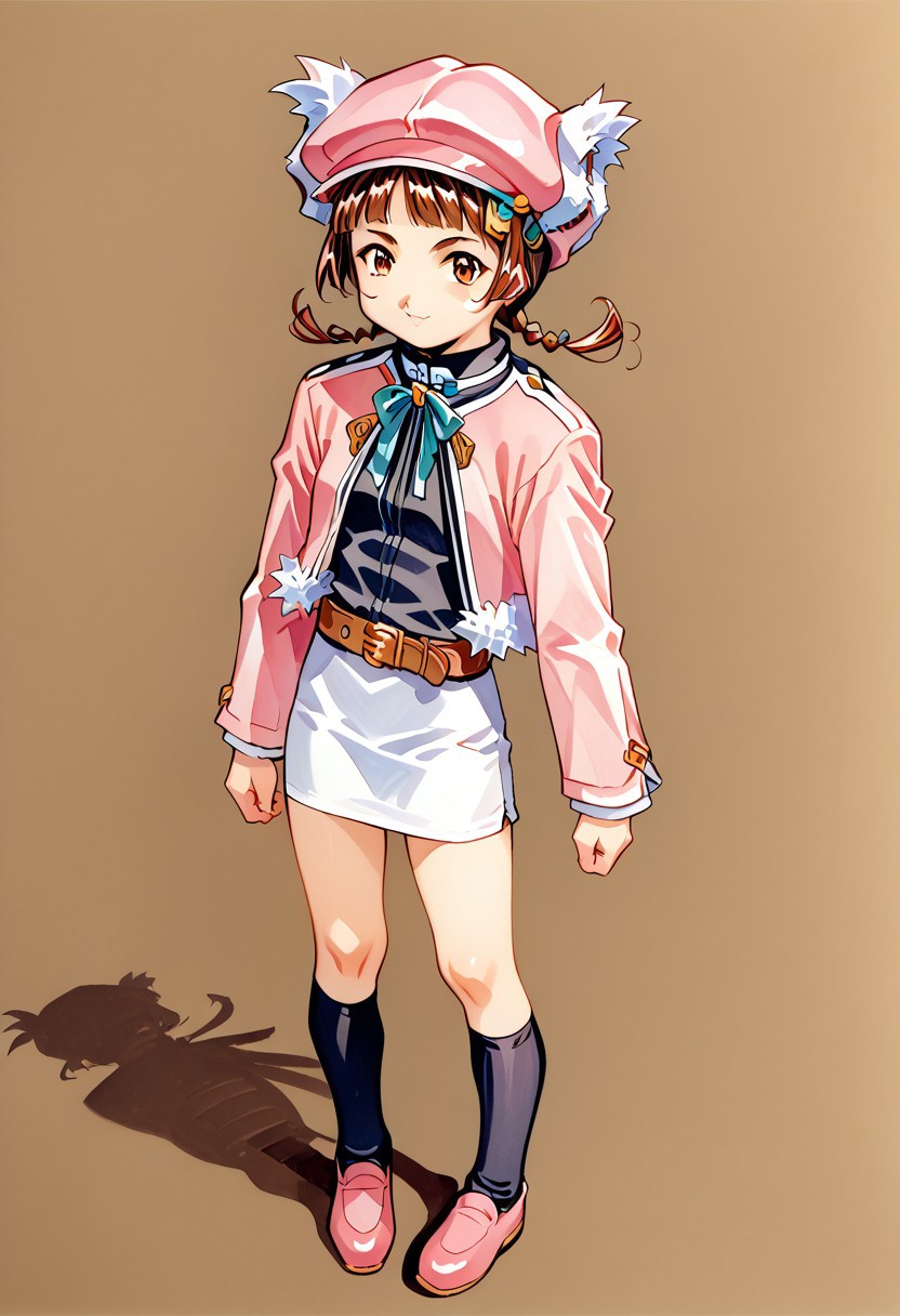 score_8, score_8_up, score_7_up, source_anime, traditional media, BREAK 1girl, female focus, solo, Rifmonic_scs, cabbie hat, earflap hat, pink hat, twin braids, bangs, blunt bangs, sidelocks, brown hair, pink jacket, open jacket, fur-trimmed jacket, long sleeves, neck ribbon, black shirt, belt, skirt, white skirt,  black socks, kneehighs, pink shoes, full body, standing, simple background, white background