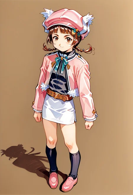 score_8, score_8_up, score_7_up, source_anime, traditional media, BREAK 1girl, female focus, solo, Rifmonic_scs, cabbie hat, earflap hat, pink hat, twin braids, bangs, blunt bangs, sidelocks, brown hair, pink jacket, open jacket, fur-trimmed jacket, long sleeves, neck ribbon, black shirt, belt, skirt, white skirt, black socks, kneehighs, pink shoes, full body, standing, simple background, white background