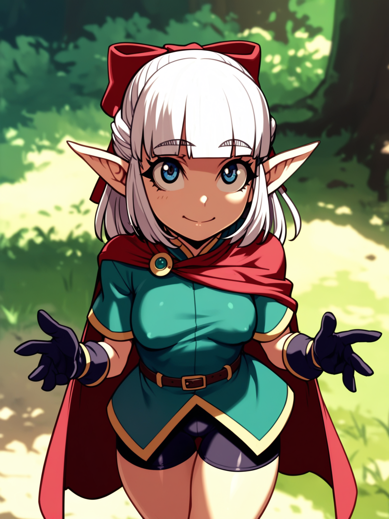 <lora:happy_tentacle-fana-v0.1-000029:1>, ht_fana, white hair, blue eyes, hair bow, adventurer, cape, short sleeves, bike shorts, gloves, covered nipples, outdoors, forest , medieval, 1girl, solo, cowboy shot, thighs , , ( smile :1.2), , looking up , standing , facing viewer , score_9, score_8_up, score_7_up, score_6_up, score_5_up, score_4_up