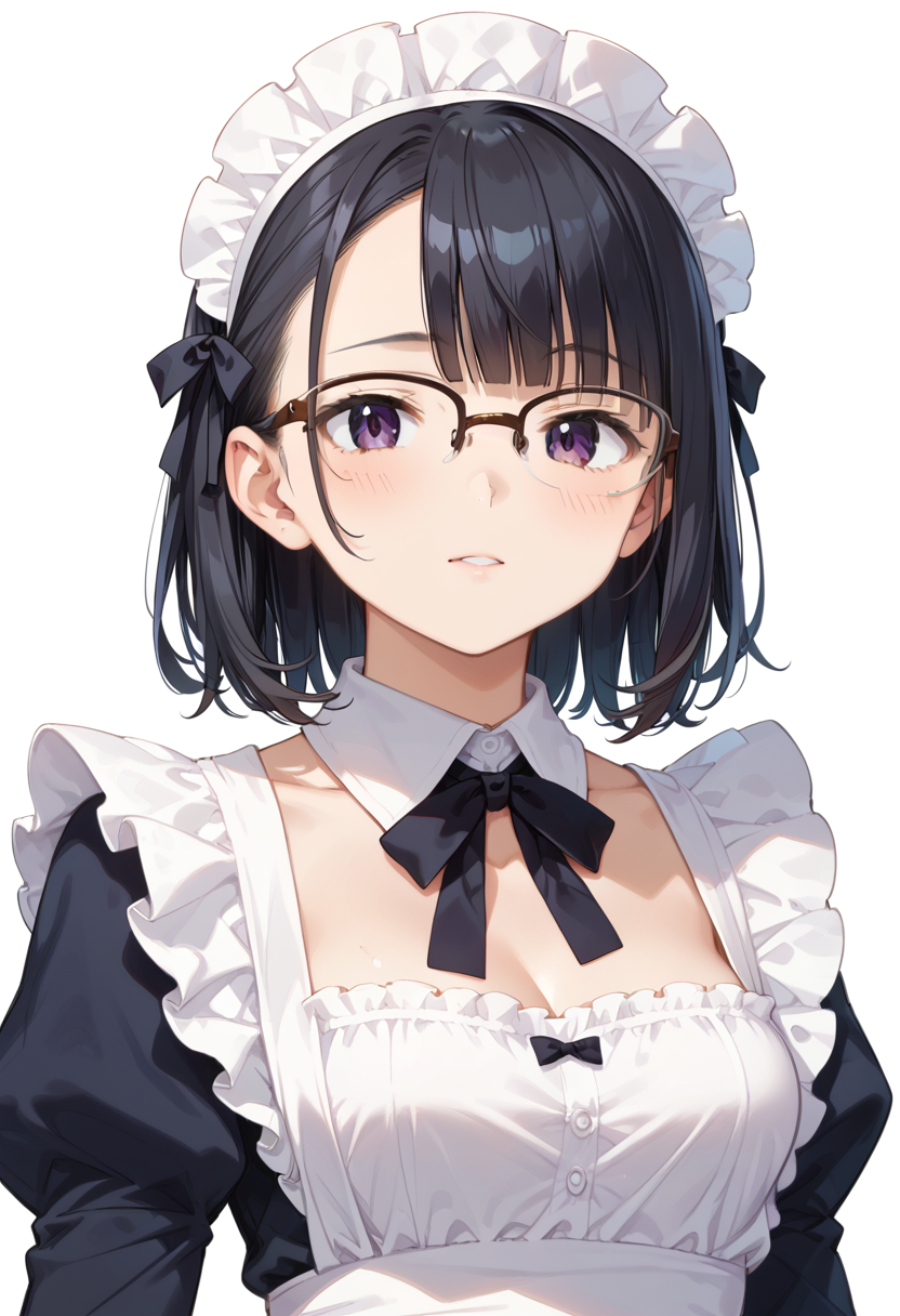 score_9, score_8_up, score_7_up, rating_safe, masterpiece, best quality, absurdres, unity 8k wallpaper, official art, official style, source_anime, uncensored, game cg, megami magazine,
1girl, solo, black hair, medium hair, upper body, covered eyes,maid, maid headdress, black dress, maid apron, face focus,
halfrim22A,  still life, white background, simple background, brown-framed eyewear,
 <lora:glasses_halfrim22A_PONY_V1:1>