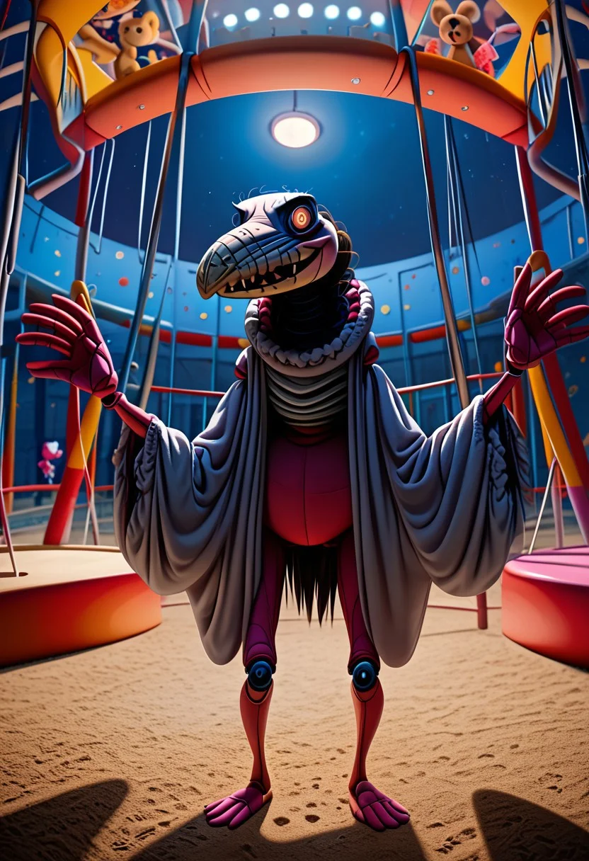 (score_9, score_8_up), score_7_up, score_6_up, (horror, pov),
solo focus, (limp arms, limp legs:1.1), looking at the viewer, standing,
Skeksis girl, short, anthro, full body, anime, (living plushie, animate inanimate, seams, plush proportions), solo,
(a ruined indoor playground, indoor playground, dark, night),
creepy smile, open smile,
Emotionless, fangs, sharp teeth, Matte eyes,
featureless hands, featureless feet, featureless limbs, uncensored, bare torso, bare legs,