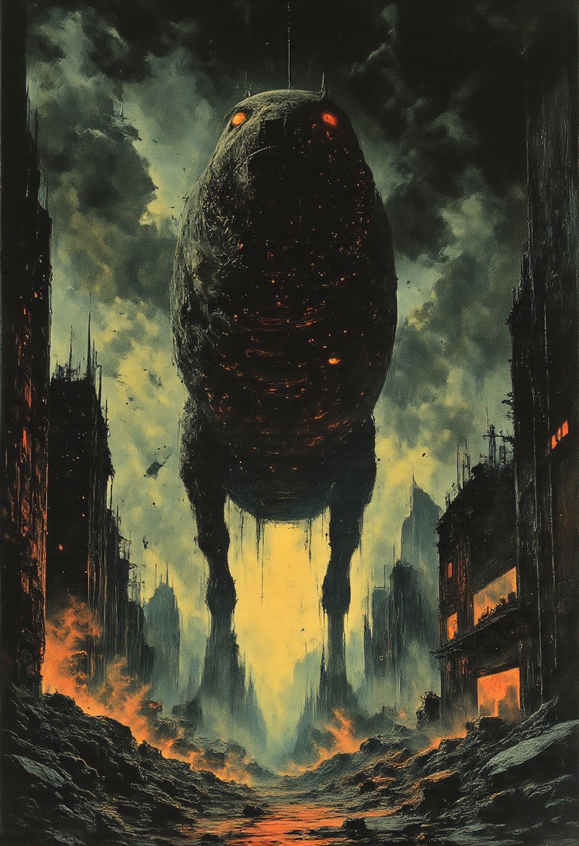 A colossal mechanical dinosaur prowls through a devastated, post-apocalyptic cityscape, its body a fusion of jagged, rusted metal and glowing cybernetic components emitting faint pulses of neon light through exposed circuits. Massive feet crush crumbling buildings, sending debris into the cracked streets below. The city is veiled in an eerie, neon-lit fog, with flickering holographic billboards casting fractured reflections on shattered glass and stagnant pools of water. Vines of glowing circuitry wrap around the skeletal remains of skyscrapers, their faint hum blending with echoes of collapsing metal and static energy.
Above, dark storm clouds loom ominously, pierced by beams of light that illuminate the towering mechanical beast, its menacing silhouette standing in stark contrast to the desolation. The atmosphere blends gritty cyberpunk dystopia with surreal elegance, inspired by the textures of Georges Lemmen and the dramatic lighting of Tomasz Strzalkowski. Vibrant neon hues contrast with muted grays and blacks, capturing both the mechanical intricacy of the dinosaur and the decaying remnants of a shattered future.
Fine details emphasize the creature’s steely design, with glowing circuits, sharp metallic edges, and reflections of the fractured world around it. The scene evokes awe and dread, blending the artistry of Wojtek Fus, Michal Lisowski, and Georges Lemmen, creating a haunting, otherworldly vision of destruction and eerie beauty in a lost cyberpunk world.