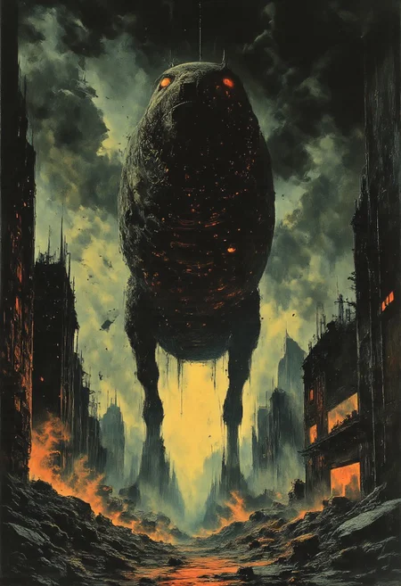 A colossal mechanical dinosaur prowls through a devastated, post-apocalyptic cityscape, its body a fusion of jagged, rusted metal and glowing cybernetic components emitting faint pulses of neon light through exposed circuits. Massive feet crush crumbling buildings, sending debris into the cracked streets below. The city is veiled in an eerie, neon-lit fog, with flickering holographic billboards casting fractured reflections on shattered glass and stagnant pools of water. Vines of glowing circuitry wrap around the skeletal remains of skyscrapers, their faint hum blending with echoes of collapsing metal and static energy.
Above, dark storm clouds loom ominously, pierced by beams of light that illuminate the towering mechanical beast, its menacing silhouette standing in stark contrast to the desolation. The atmosphere blends gritty cyberpunk dystopia with surreal elegance, inspired by the textures of Georges Lemmen and the dramatic lighting of Tomasz Strzalkowski. Vibrant neon hues contrast with muted grays and blacks, capturing both the mechanical intricacy of the dinosaur and the decaying remnants of a shattered future.
Fine details emphasize the creature’s steely design, with glowing circuits, sharp metallic edges, and reflections of the fractured world around it. The scene evokes awe and dread, blending the artistry of Wojtek Fus, Michal Lisowski, and Georges Lemmen, creating a haunting, otherworldly vision of destruction and eerie beauty in a lost cyberpunk world.
