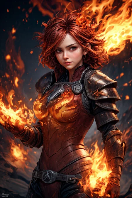 (fire elemental warrior mage:1.6), near a fantasy highly realistic extremely detailed lake, action shot, 3mm photo, beautiful, sexy fit 20yo, ((masterpiece)), ((best quality)), perfect face, fantasy ((dark red fiery armour:1.6)) shiny skin, soft lighting, OverallDetail, SkinHairDetail, epiCPhoto <lora:breastsizeslideroffset:0.075>, looking at viewer, sharp focus, high texture resolution, photorealistic, 32k, <lora:add_detail:0.6> <lora:pytorch_lora_weights(1):0.5>, hyperrealistic, vivid colors, intricated details, warm smile, highly detailed hands and fingers, ((fiery gloves:1.9)) standing in a circle of flames  <lora:more_details:0.5>(fiery pauldrons:1.8) ((fiery hair:1.3))