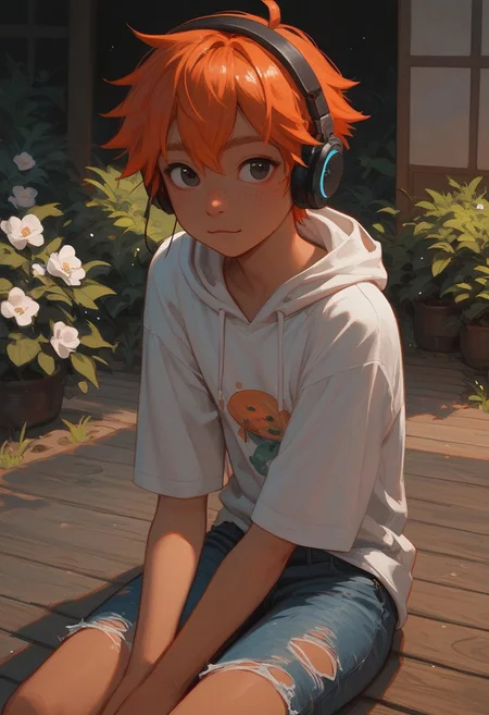 score_9, score_8_up, score_8_up, 1boy, cute 18yo boy, cute asian boy, playful, twink, messy orange hair, androgynous ((tanned skin)), slender body, black eyes, young round face, innocent look, petite body, traditional japanese garden, outdoors, wood floor, torn jeans, hoodie, headphones, alone