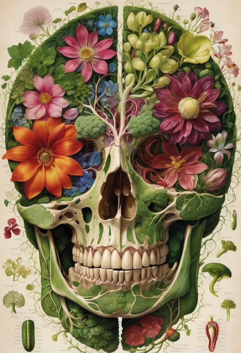 human anatomy cross-sections layers, skin peeled revealing blooming floral musculature, lush verdant botanical organ systems, delicate petals composing bone structures, intricately detailed vascular vegetal networks, intertwining roots vine musculature, vibrant jewel-toned flower pistils stamens blossomed viscera, verdant emerald moss creeping skin textures, life sprouting from earthy interior