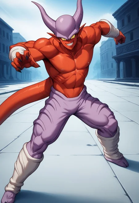 score_9, score_8_up, score_7_up, source_anime, (detailed face), janembadb, ((black eyes, fighting,shirtless,evil_smile,big nipple,in the destroyed land:1.2)),1boy, solo, solo,1boy, solo, red skin, broken purple armor, yellow eyes, pupils, horns, tail, looking at viewer, muscular, shirtless,topless,red_nipple,dynamic pose, BREAK, ,full_shot
