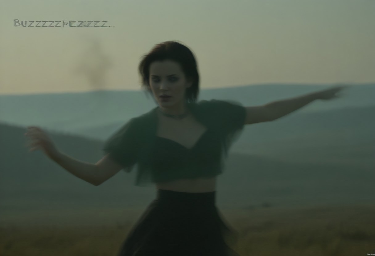 The inscription “BUZZzZzZzZ pleazZzZzZz” with perfect lady gothic post-punk vampire portrait (she dancing smoke nightmare post-punk dance).  PERFECT SUNNY COLORED GREEN DESCTOP WALLPAPER LANDSCAPE FROM "WIN XP" ON THE BACKGROUND. file photo from nokia 3310 “P1011559.ORF” 20.04.2001.