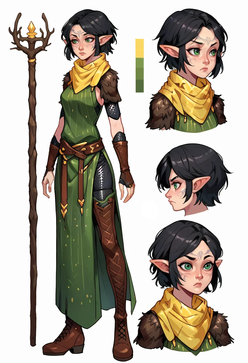 score_9, score_8_up, score_7_up, 1girl, solo, SulfS-M3rr1LL, pointy ears, face tattoo, facial mark, short hair, black hair, green eyes,
chainmail pants, chainmail sleeves, green tunic, yellow scarf, fur trimmed shoulder pads, leather bracers, belt, thigh boots,
staff, magic,
<lora:Merrill_Dragon_age_2-000008:0.8>, <lora:XLPCharacterDesign_Concept:0.8> CharacterDesignXL, (CharacterSheet:1), reference sheet, (full body, from side, front:1.1), upper body, cartoon, simple white background,