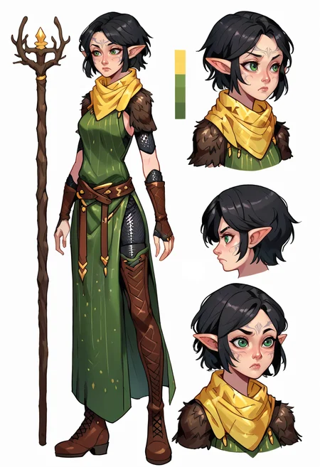 score_9, score_8_up, score_7_up, 1girl, solo, SulfS-M3rr1LL, pointy ears, face tattoo, facial mark, short hair, black hair, green eyes,
chainmail pants, chainmail sleeves, green tunic, yellow scarf, fur trimmed shoulder pads, leather bracers, belt, thigh boots,
staff, magic,
<lora:Merrill_Dragon_age_2-000008:0.8>, <lora:XLPCharacterDesign_Concept:0.8> CharacterDesignXL, (CharacterSheet:1), reference sheet, (full body, from side, front:1.1), upper body, cartoon, simple white background,