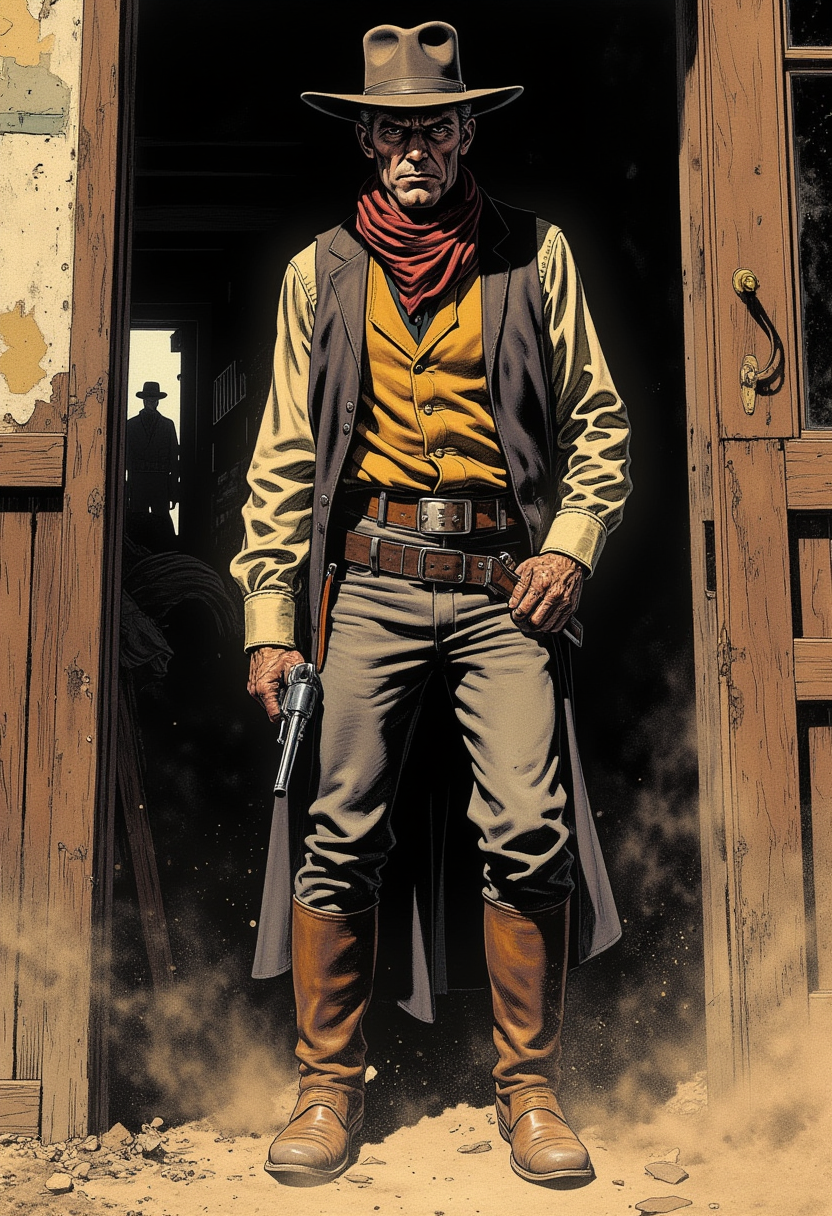 A lone gunman with a steely gaze stands in the doorway of a saloon, his hand hovering over his holstered revolver. Dust swirls around his boots as he prepares to face whatever comes next. His expression is cold, hardened by years of violence.