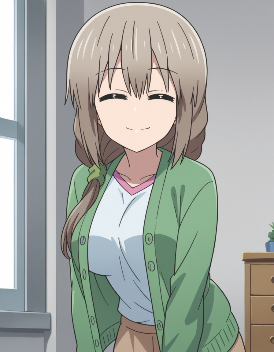 score_9, score_8_up, score_7_up, source_anime,
tsukiuzaki, <lora:tsuki-uzaki-s2-ponyxl-lora-nochekaiser:1>,
tsuki uzaki, long hair, closed eyes, grey hair, large breasts, hair over shoulder, scrunchie, hair scrunchie,
skirt, shirt, white shirt, cardigan, open cardigan, green cardigan, blue shirt, brown skirt,
indoors, bent over, smile,
looking at viewer, cowboy shot, solo, dutch angle,