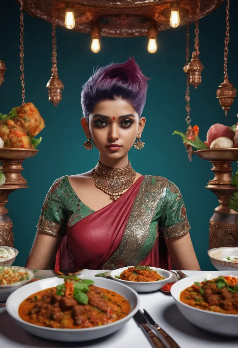 Jiya from India, (short-cut:1.2) [undercut|punk] [burgundy:.4] hair, 3D render table full of delicious dishes, woman in intricate clothing
<lora:3DNextGen_JRPG_KMMO_Dim32:1>