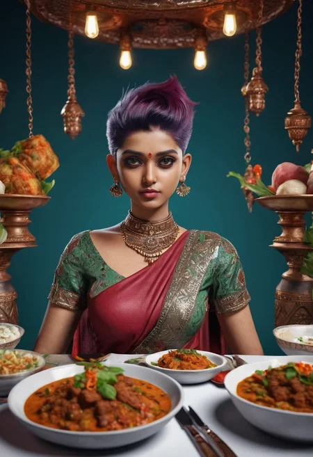 Jiya from India, (short-cut:1.2) [undercut|punk] [burgundy:.4] hair, 3D render table full of delicious dishes, woman in intricate clothing
<lora:3DNextGen_JRPG_KMMO_Dim32:1>