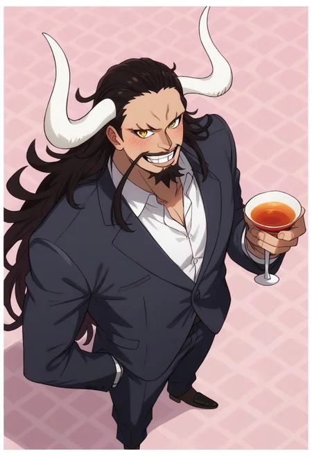 score_9, score_8_up, score_7_up, source_anime, rating_safe, holding sake glass, KaidoOP, black_Kaido_facial hair, (white_Kaido_horns), black_Kaido_hair, yellow eyes, 1boy, male focus, suit, business man, wide smile, teeth, blush lines, hands with five fingers, simple light pink patterned background, stylized image border, realistic shading, cute wallpaper, from above,